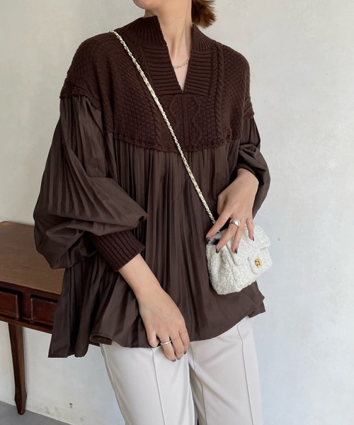 DouDou(ドゥドゥ)の「【WEB限定】プリーツ切替ケーブルニットプルーバー(シャツ/ブラウス・レディース・ブラック/ブラウン/ベージュ/チャコールグレー/オフホワイト/ライトベージュ・FREE)」の10枚目の写真