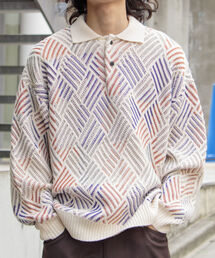 【GLOSTER/グロスター】幾何学柄 ジオメトリック柄 ニットポロシャツ