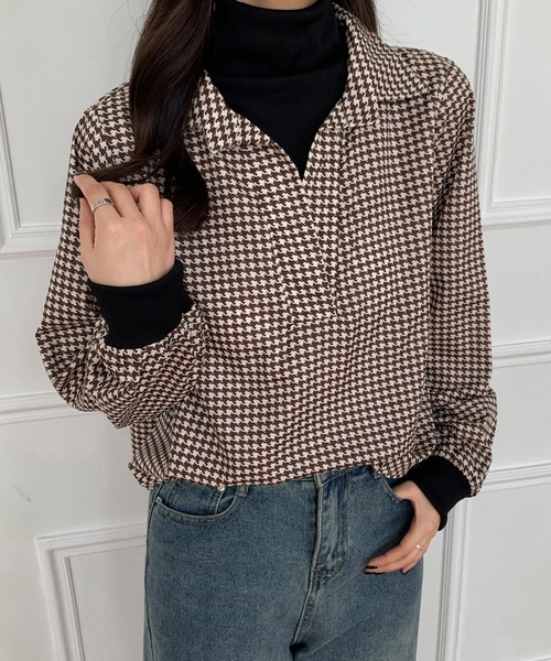 ECLIN（エクラン）の「レイヤード風ハイネック千鳥柄ブラウス（シャツ/ブラウス・レディース・ブラック/ブラウン・FREE）」の10枚目の写真