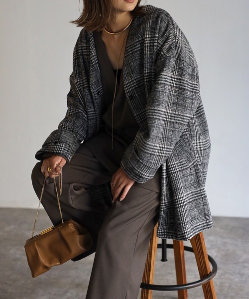 Bonjour Sagan（ボンジュールサガン）の「Vカラーシャギーコート（ノーカラーコート・レディース・ネイビー/グレー/ライトベージュ・FREE）」の2枚目の写真