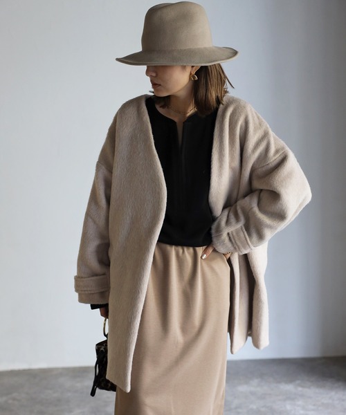 Bonjour Sagan（ボンジュールサガン）の「Vカラーシャギーコート（ノーカラーコート・レディース・ネイビー/グレー/ライトベージュ・FREE）」の3枚目の写真