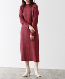ボトルネックリブニットロングワンピース