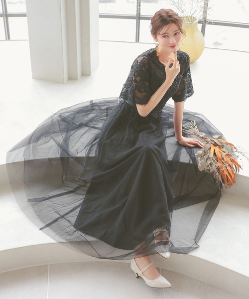 パーティードレス シースルーレース 五分袖 シフォン ロングドレス