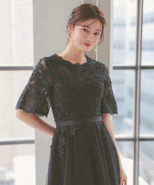 セール】パーティードレス シースルーレース 五分袖 シフォン ロング