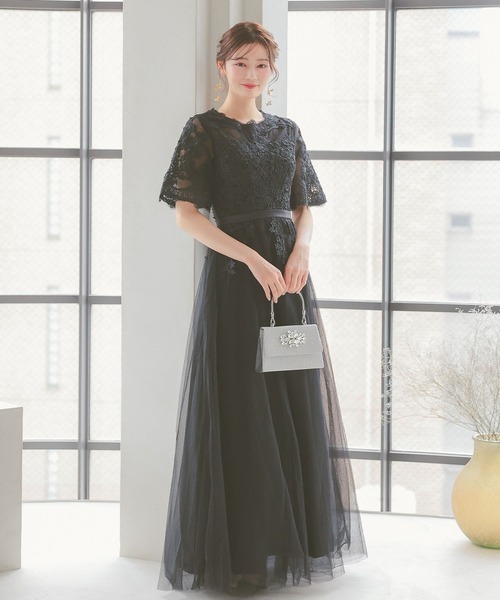 セール】パーティードレス シースルーレース 五分袖 シフォン ロング