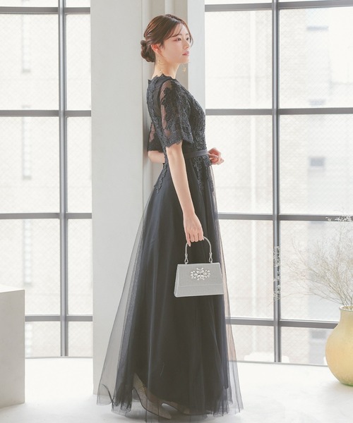 パーティードレス シースルーレース 五分袖 シフォン ロングドレス