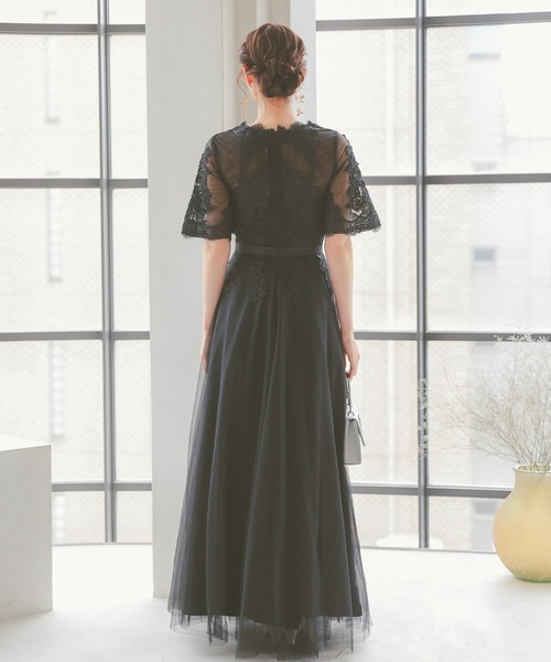 シースルー レース ドレス ベージュ Mサイズ 卒業 パーティー シースルーレースフラワー刺繍ウエストマークロングドレス 結婚式