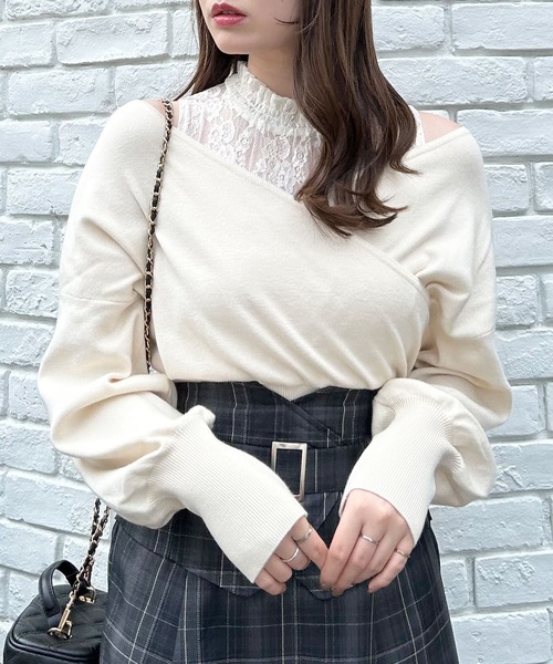 INGNI（イング）の「レースインナーカシュクールニット（ニット/セーター・レディース・アイボリー/ピンク/ブラック・M）」の2枚目の写真