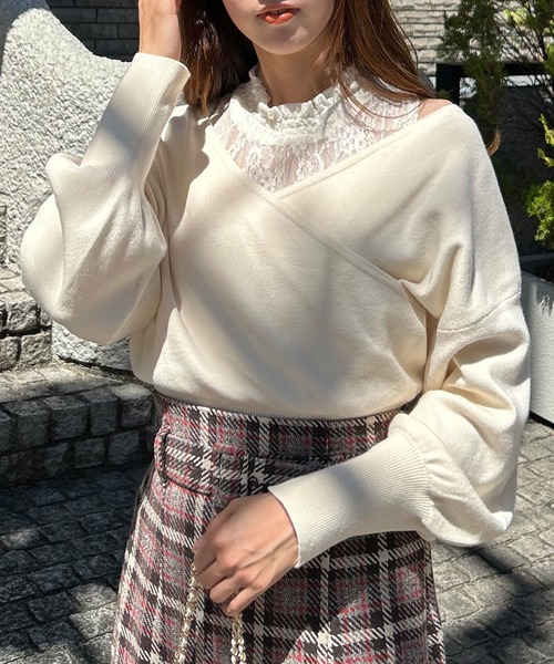 INGNI（イング）の「レースインナーカシュクールニット（ニット/セーター・レディース・アイボリー/ピンク/ブラック・M）」の9枚目の写真