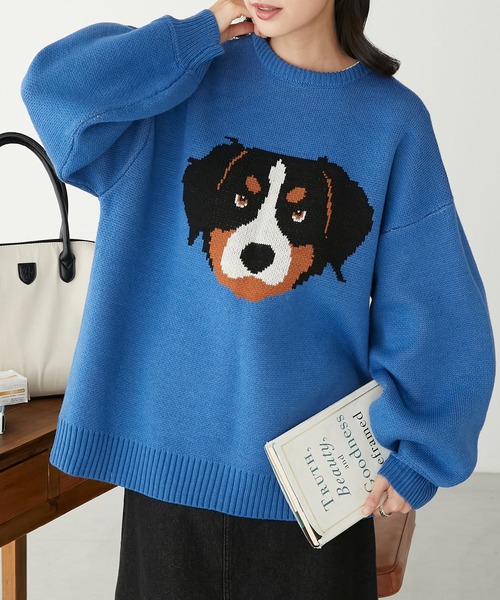 AllWeekLong 犬柄ニットセーター ネイビー L ウール 美品 AllWeekLong 犬柄ニットセーター ネイビー L ウール 美品