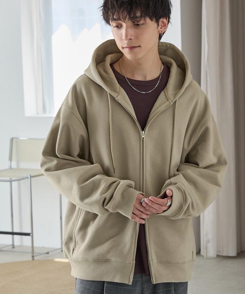 MONO-MART（モノマート）の「ヘビーウェイトルーズベーシックフルジップパーカー（パーカー・メンズ・ブラック/チャコール/ダークネイビー/ホワイト/ライトグレー/ナチュラル/グレー/ブルー/グレイッシュベージュ/ダークブルー/チェリーレッド/スモークピンク/ブラウン系/グレイッシュブルー・M/L/S/XL）」の8枚目の写真