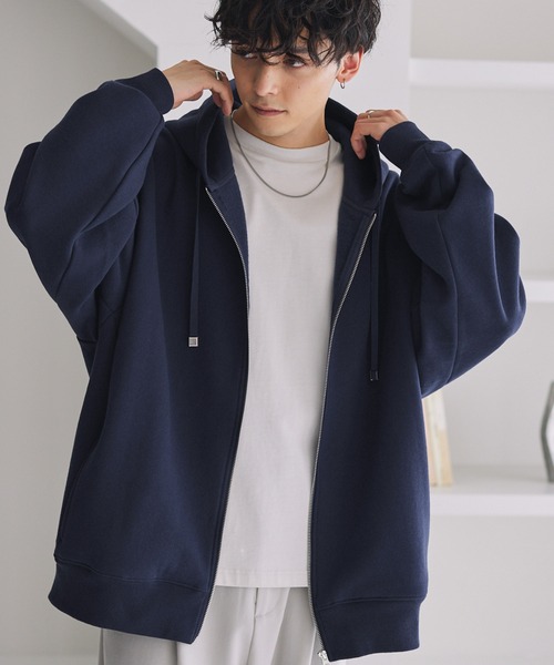 MONO-MART（モノマート）の「ヘビーウェイトルーズベーシックフルジップパーカー（パーカー・メンズ・ブラック/チャコール/ダークネイビー/ホワイト/ライトグレー/ナチュラル/グレー/ブルー/グレイッシュベージュ/ダークブルー/チェリーレッド/スモークピンク/ブラウン系/グレイッシュブルー・M/L/S/XL）」の12枚目の写真