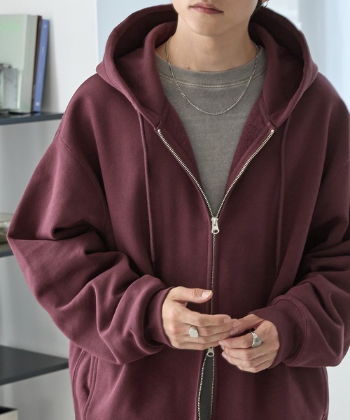 MONO-MART（モノマート）の「ヘビーウェイトルーズベーシックフルジップパーカー（パーカー・メンズ・ブラック/チャコール/ダークネイビー/ホワイト/ライトグレー/ナチュラル/グレー/ブルー/グレイッシュベージュ/ダークブルー/チェリーレッド/スモークピンク/ブラウン系/グレイッシュブルー・M/L/S/XL）」の14枚目の写真