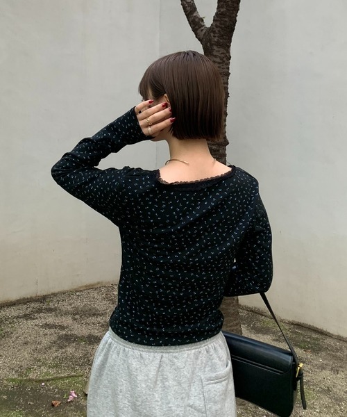 セール】フラワーレース ヘンリーネック ピチT（Tシャツ