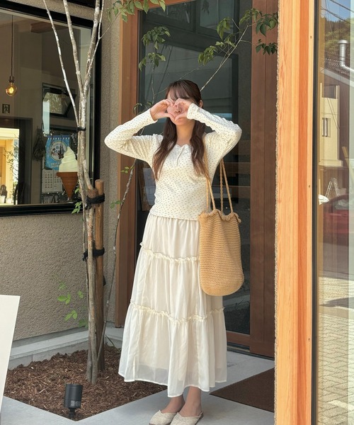 SHEPP（シープ）の「フラワーレース ヘンリーネック ピチT（Tシャツ