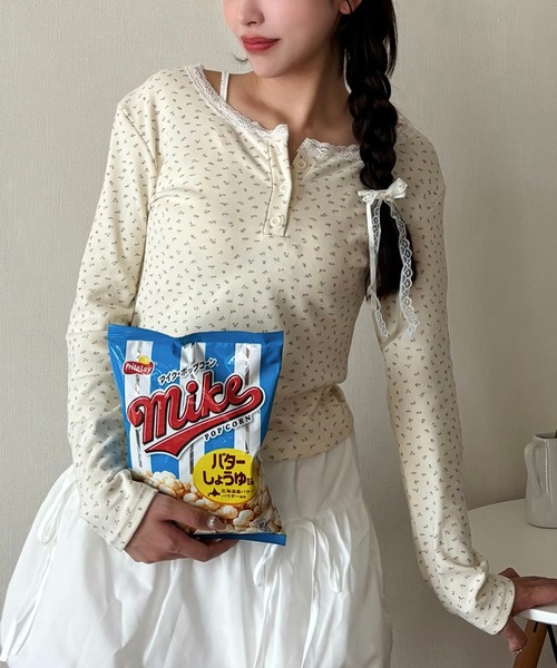 Peguena flor フラワーレースハイネックカットソー セール】 〈手洗い可能〉リンクル フラワー レース タートル