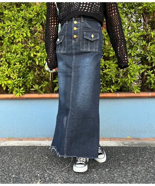 anap mimpi（アナップミンピ）の「デニム タイト 裾フリンジ ロング マキシ ワンピース（デニムスカート・レディース・ブルー・S/M）」の12枚目の写真