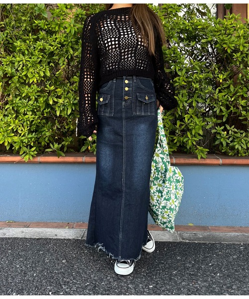 anap mimpi（アナップミンピ）の「デニム タイト 裾フリンジ ロング マキシ ワンピース（デニムスカート・レディース・ブルー・S/M）」の13枚目の写真