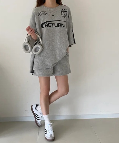 DEVICE(デバイス)の「ユニフォームTシャツ ゲームシャツ ブロークコア ブロケットコア トップス&ショートパンツ 2点セット ルームウェア セットアップ ワンマイルウェア(セットアップ・レディース・ブラック/ライトグレー/グレー・FREE)」の9枚目の写真
