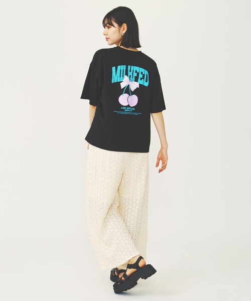 Tシャツ・カットソー [0milewear] Ribbon T-Shirt セール】RIBBON AND CHERRY WIDE S/S TEE（Tシャツ/カットソー