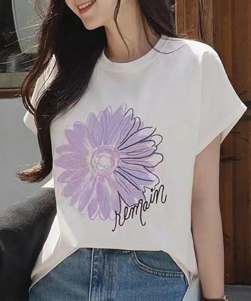 Girly Doll(ガーリードール)の「フレンチスリーブフラワーTシャツ(Tシャツ/カットソー・レディース・グレー/ホワイト・F)」の1枚目の写真