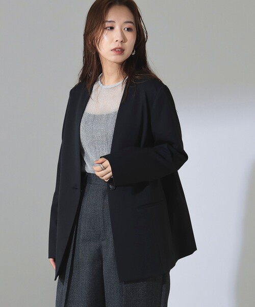 Demi-Luxe BEAMS(デミルクス ビームス)の「【1/16再値下げ】1ボタン ラペルレス ジャケット(ノーカラージャケット・レディース・ブラック/ベージュ・36/38)」の7枚目の写真