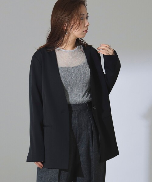Demi-Luxe BEAMS(デミルクス ビームス)の「【1/16再値下げ】1ボタン ラペルレス ジャケット(ノーカラージャケット・レディース・ブラック/ベージュ・36/38)」の8枚目の写真