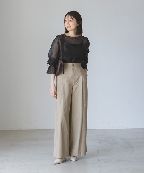 2025 aw noble ノーブル パールシアープリーツカフスブラウス 黒 セール】パールシアープリーツカフスブラウス（シャツ/ブラウス