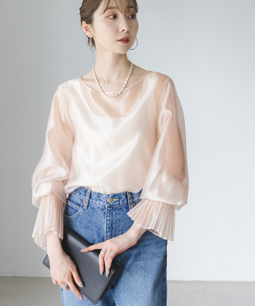 美品 ノーブル パールシアープリーツカフスブラウス 2024 完売品