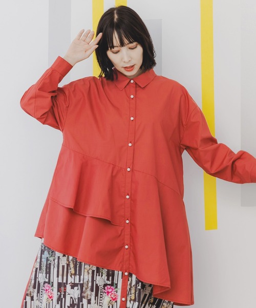 iS ScoLar（イズスカラー）の「543227：花と楽器柄アシンメトリー 切替ワンピース（シャツワンピース・レディース・ブラック/オレンジ・M）」の5枚目の写真