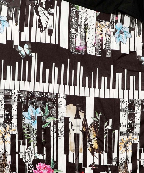 iS ScoLar（イズスカラー）の「543227：花と楽器柄アシンメトリー 切替ワンピース（シャツワンピース・レディース・ブラック/オレンジ・M）」の11枚目の写真