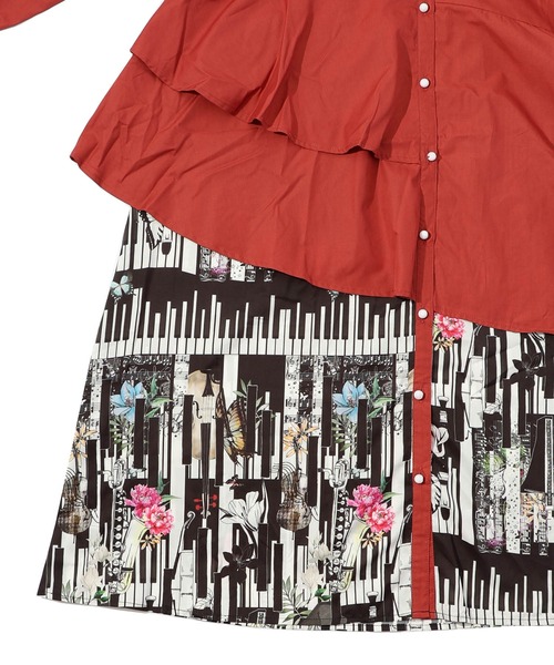 iS ScoLar（イズスカラー）の「543227：花と楽器柄アシンメトリー 切替ワンピース（シャツワンピース・レディース・ブラック/オレンジ・M）」の19枚目の写真
