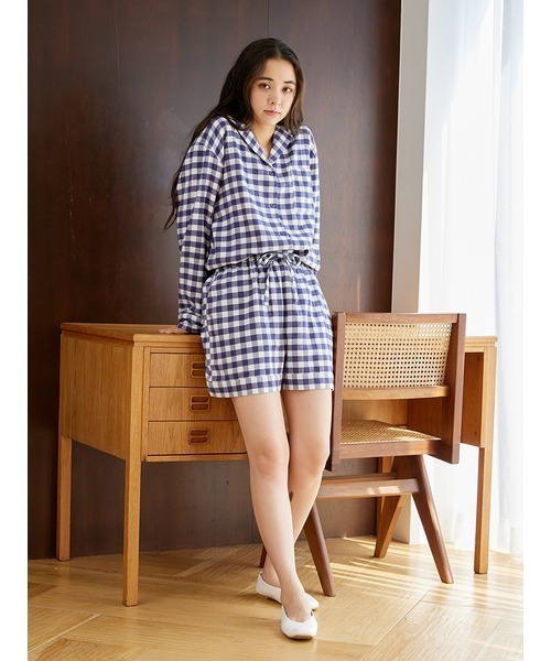 限定品　GELATO PIQUE ネイビー チェック ルームウェアセット　完売 gelato pique（ジェラートピケ）の「チェックシャツ（ルームウェア