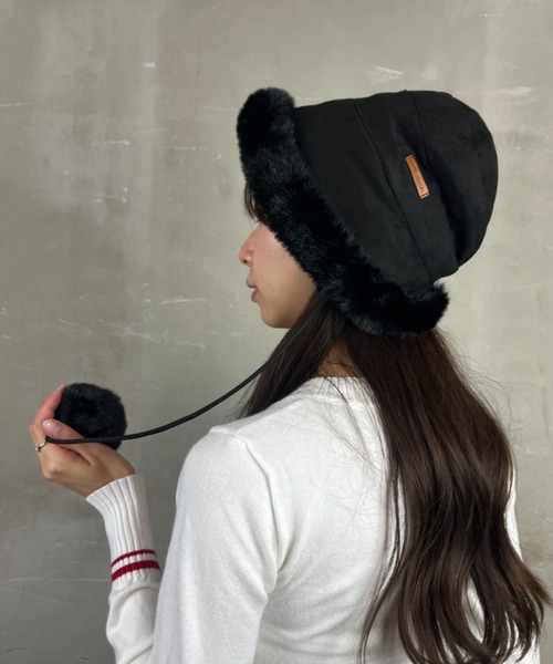 セール】もこもこファーバケハ ぽんぽん紐付き 厚手防寒ボアハット