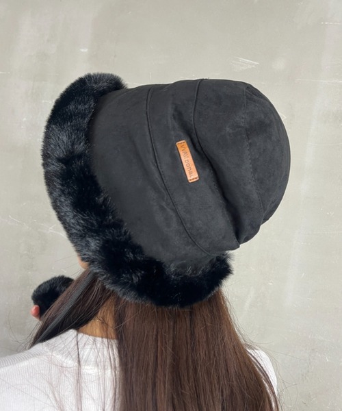 セール】もこもこファーバケハ ぽんぽん紐付き 厚手防寒ボアハット