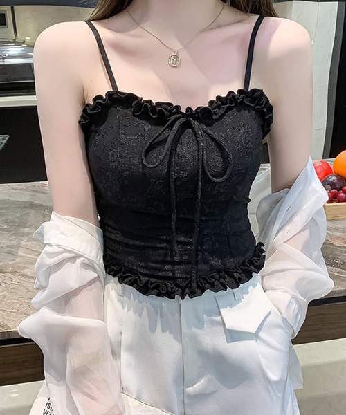 Lace Ladies（レースレディース）の「ハートネック フリル リボン コンパクト カップ付き キャミソール（キャミソール・レディース・ブラック/ホワイト・FREE）」の2枚目の写真