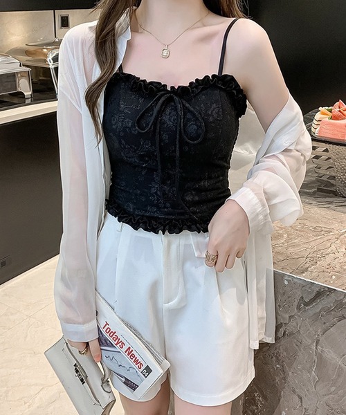 Lace Ladies（レースレディース）の「ハートネック フリル リボン コンパクト カップ付き キャミソール（キャミソール・レディース・ブラック/ホワイト・FREE）」の18枚目の写真