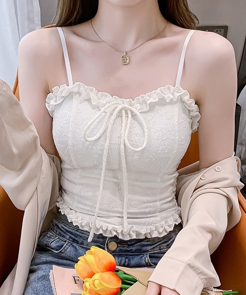 Lace Ladies（レースレディース）の「ハートネック フリル リボン コンパクト カップ付き キャミソール（キャミソール・レディース・ブラック/ホワイト・FREE）」の13枚目の写真
