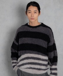 ADAMPATEK/shaggy distorted stripes crew knit/シャギーボーダー切替ニット(AP2421012)