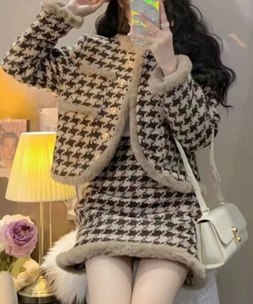 【HOBBS】千鳥格子柄◇ジャケット×スカート◇セットアップ 大きいサイズ】ジャケット＆スカートの千鳥格子柄セットアップ