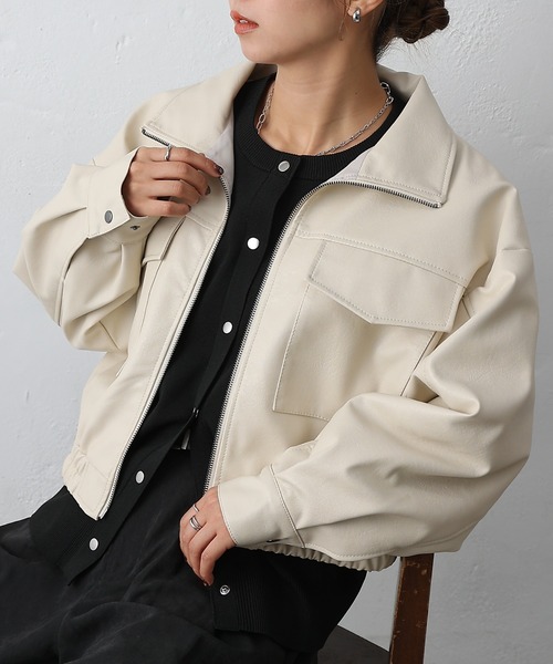 セール】フェイクレザーショートブルゾン（ライダースジャケット