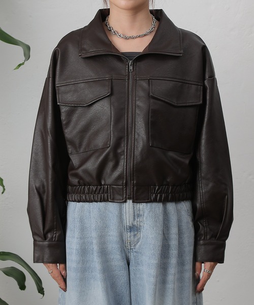 COLONY 2139（コロニートゥーワンスリーナイン）の「フェイクレザーショートブルゾン（ライダースジャケット・レディース・ブラウン/ブラック/アイボリー・FREE）」の13枚目の写真