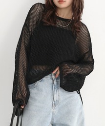 サイドギャザーリボンメッシュニットトップス
