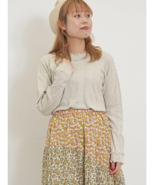 Samansa Mos2（サマンサ モスモス）の「パターンメッシュ配色メロウハイネックカットソー（Tシャツ/カットソー・レディース・キナリ/ミント/ベージュ/チャコールグレー・F）」の3枚目の写真