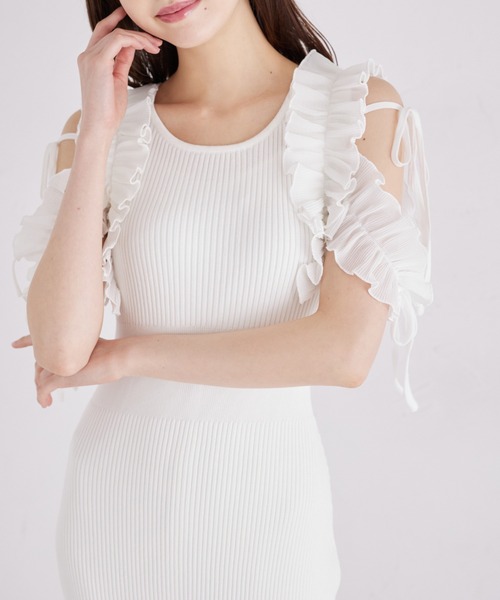 リボン付きシフォンプリーツフリル切替えリブニットワンピースtoccocloset リボン付きシフォンプリーツフリル切り替えリブニットワンピース