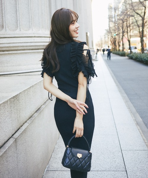 リボン付きシフォンプリーツフリル切り替えリブニットワンピース