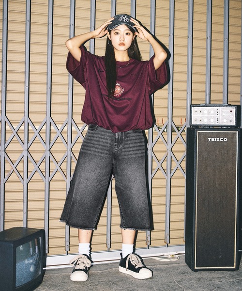 ヴィンテージ デニムハーフパンツ ワイドシルエット ストリート セール】ヴィンテージ加工 ワイドデニム ショーツ ハーフパンツ