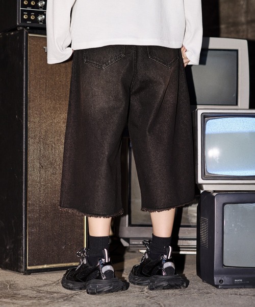 セール】ヴィンテージ加工 ワイドデニム ショーツ ハーフパンツ