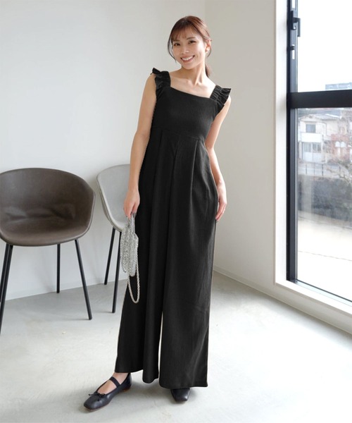 KOBE LETTUCE（コウベレタス）の「[ kiminaさんコラボ ]ショルダーフリルオールインワン（つなぎ/オールインワン・レディース・ブラウン/ドット/ブラック・M-Short/M-Long）」の6枚目の写真