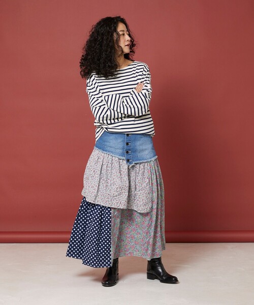 素敵☆パッチワーク プリーツスカート ナイロン デニム fit=scale-down,w=1200